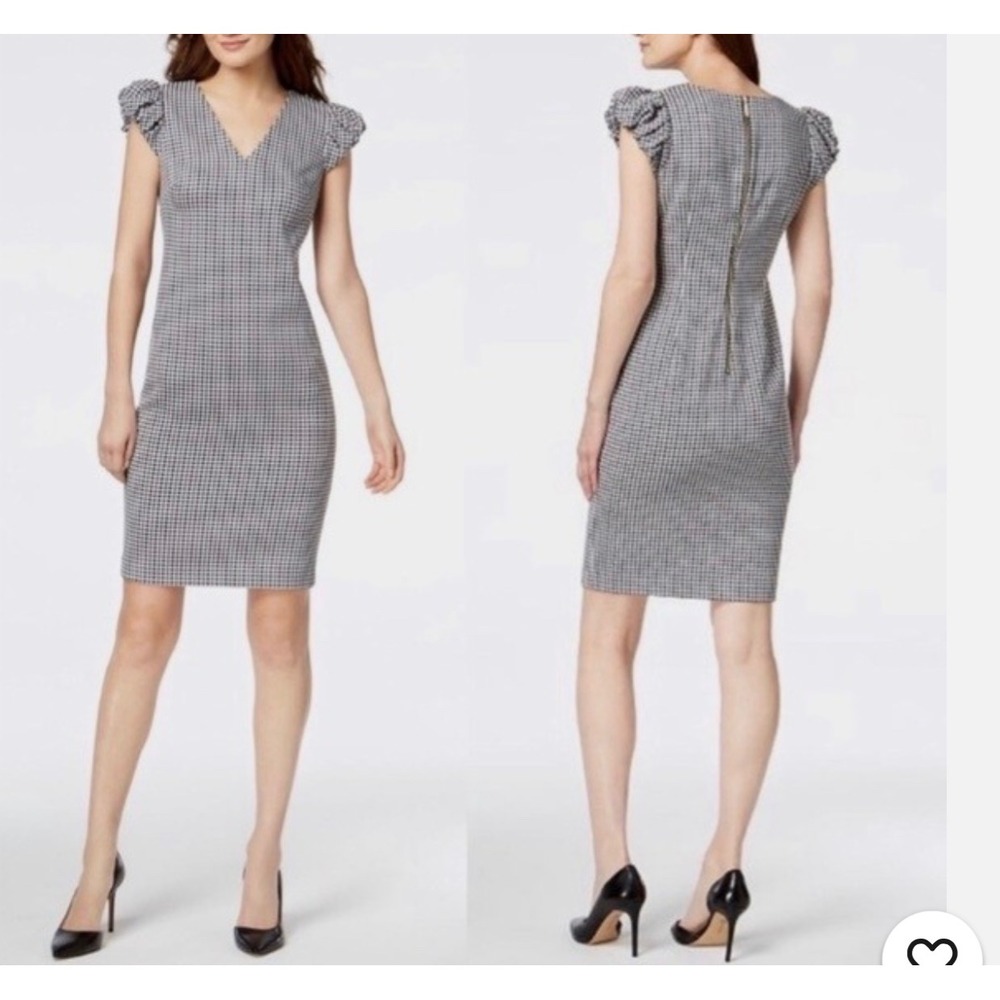 Calvin Klein Dress Size 12 Black & Navy Gingham Sheath Ruffle Sleeves 💙🖤💙‎